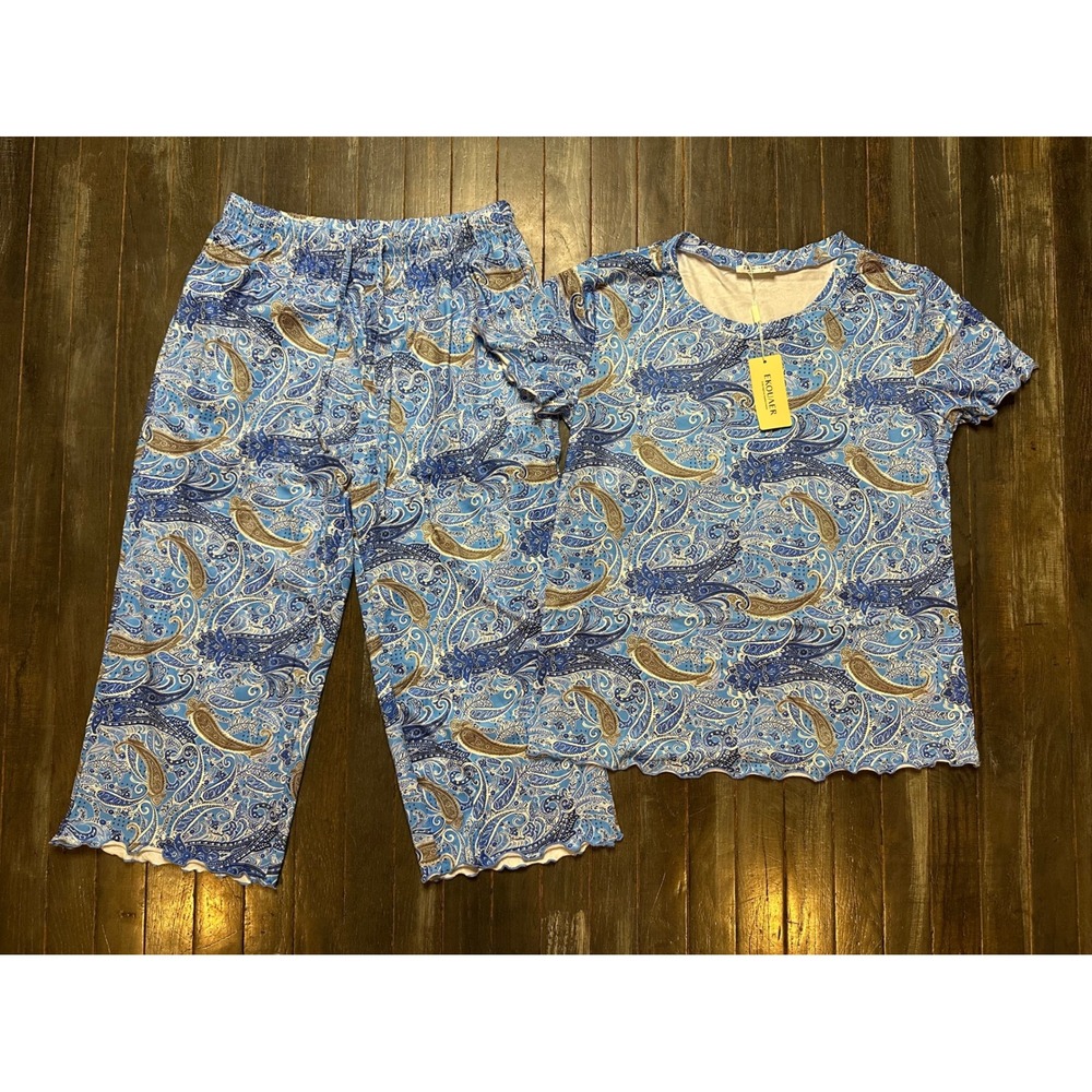 Ekouaer Womens Blue Paisley Pajama Set Short Sleeve Top Crop Pants
